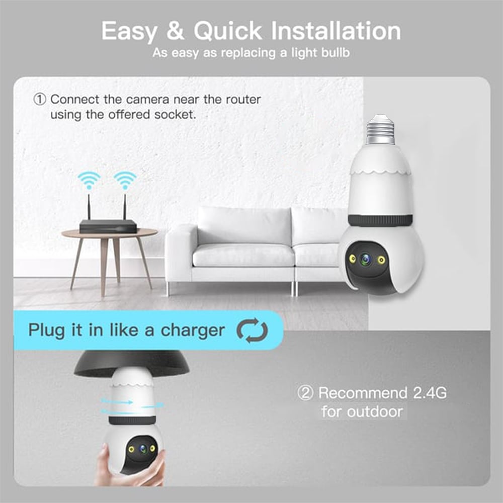 2MP Light Bulb Security Camera 2.4GHz Wireless Outdoor Indoor Camera with Night Vision