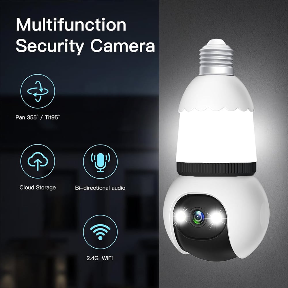 2MP Light Bulb Security Camera 2.4GHz Wireless Outdoor Indoor Camera with Night Vision